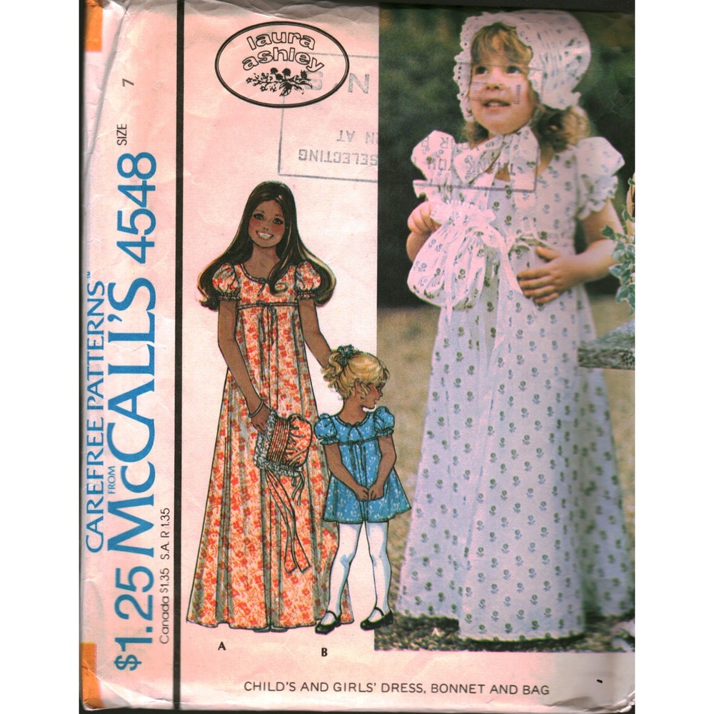 Vintage 1975 McCalls 4548 Laura Ashley Girls Dress Bonnet Bag Sewing Pattern  7